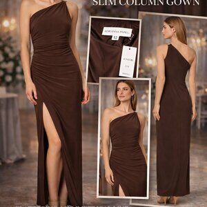 Adrianna Papell One-Shoulder Slim Column Gown – Chocolate Brown NWT Size 12